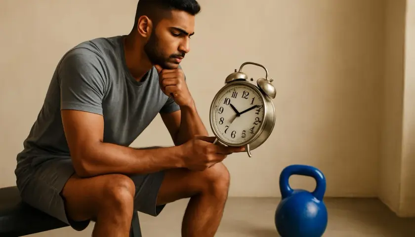 Uomo pensieroso guarda un orologio, forse chiedendosi qual è lo strumento più difficile da suonare: il tempo o la disciplina.