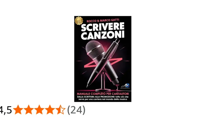 Copertina del manuale "Scrivere Canzoni" di Rocco & Marco Gatti. Un microfono e una penna incrociati su sfondo nero.