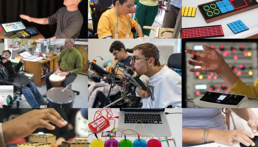 Collage di persone che utilizzano strumenti musicali adattati, dimostrando come la tecnologia possa creare strumenti musicali per disabili accessibili e inclusivi.