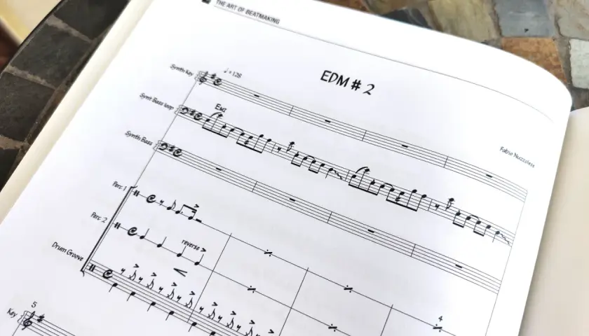 Spartito musicale con indicazioni per come comporre una melodia EDM. Si vedono linee melodiche per synth e percussioni.