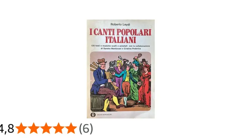 Copertina del libro "I Canti Popolari Italiani" di Roberto Leydi, con un'illustrazione di persone che suonano e ballano, evocando le canzoni popolari italiane.