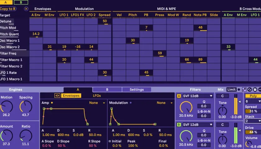 Interfaccia di un sintetizzatore con parametri di modulazione e filtri. Si percepisce il "groove" nella disposizione dei controlli e nelle curve di inviluppo.