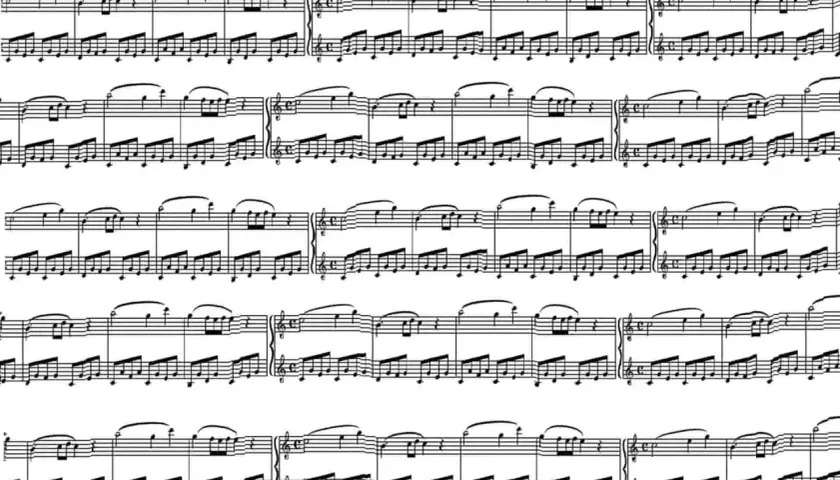 Partitura musicale per pianoforte, con pentagrammi e note. Un invito a leggere uno spartito e a suonare.