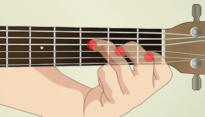 Mano che preme le corde su una chitarra, mostrando una posizione per un accordo.