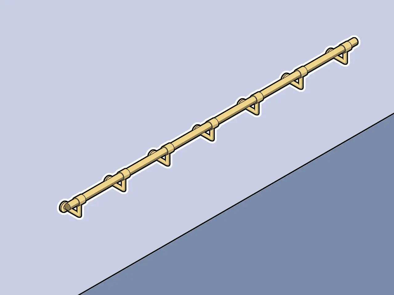 Sbarra per danza classica fai da te, in legno, fissata a parete con supporti triangolari.