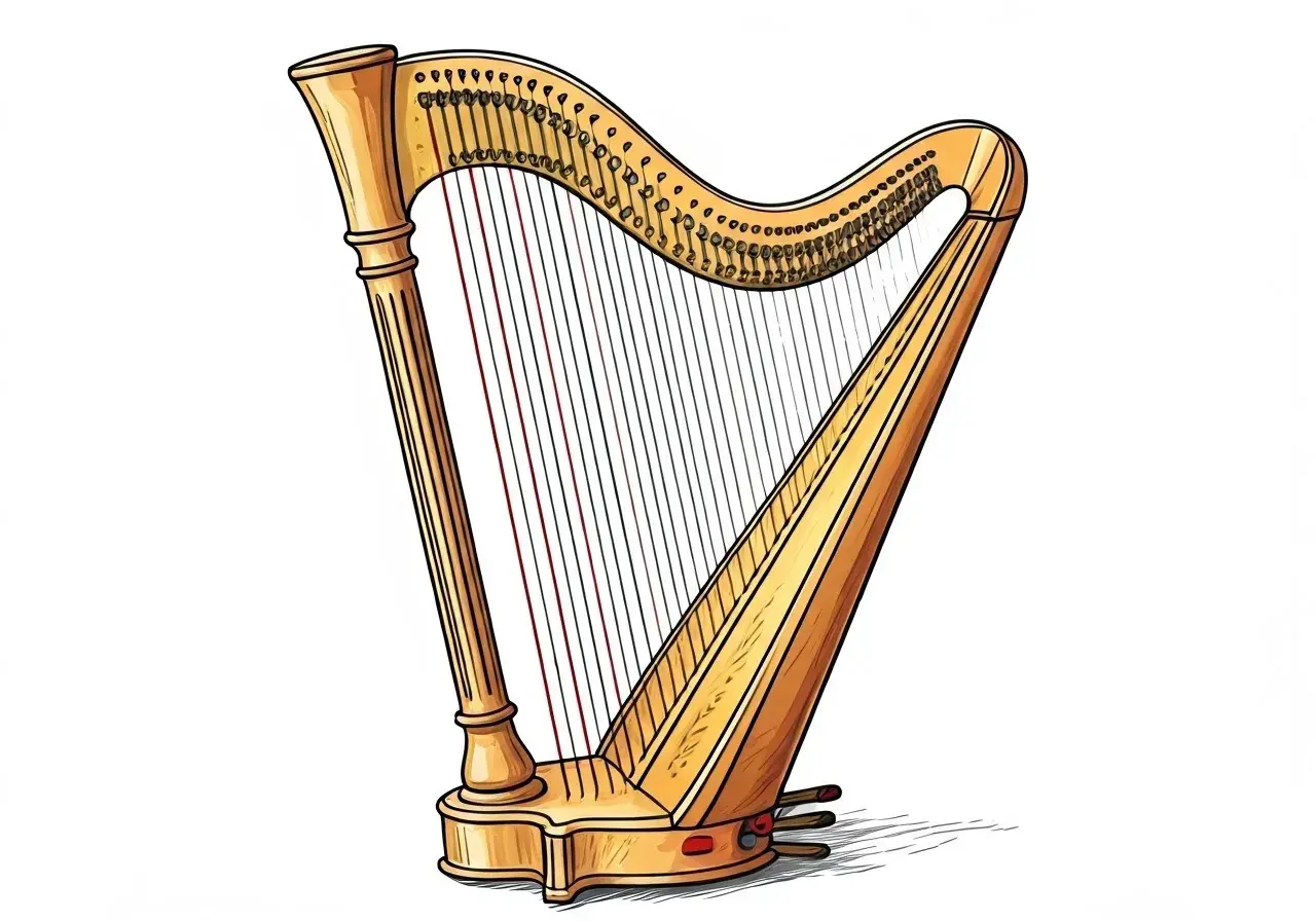 Arpa dorata, strumento musicale con molte corde. Il suo suono evoca pace e serenità, un vero **harp significato** di armonia.