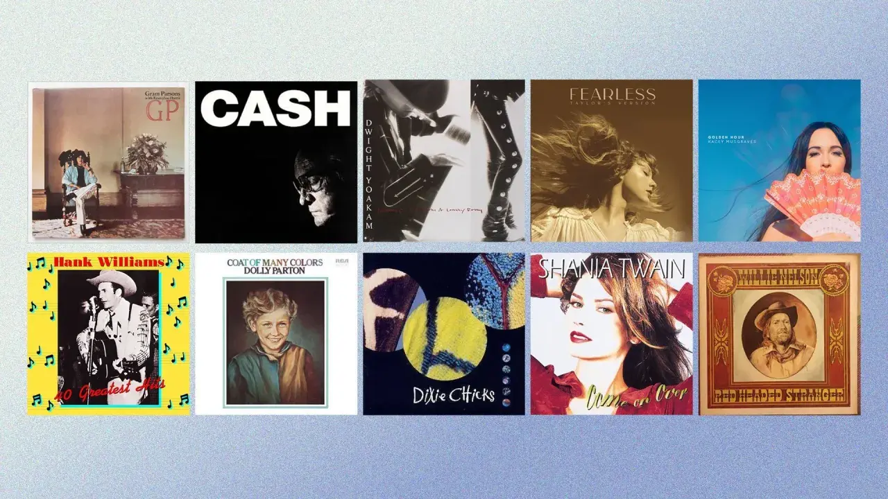 Copertine di canzoni country famose: Johnny Cash, Dolly Parton, Taylor Swift, Dixie Chicks, Hank Williams, Shania Twain, Willie Nelson.