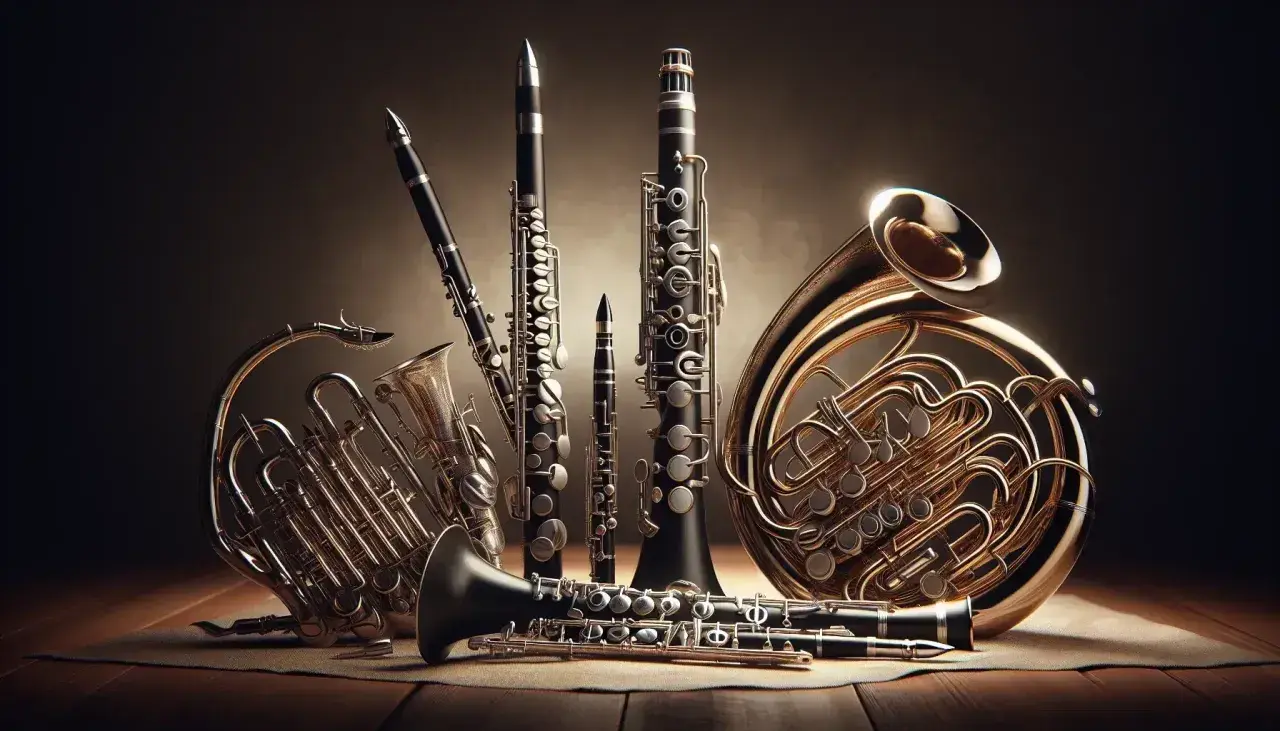 Un'orchestra di strumenti a fiato: clarinetti di varie dimensioni, corni francesi lucenti e un fagotto creano un'armonia visiva.