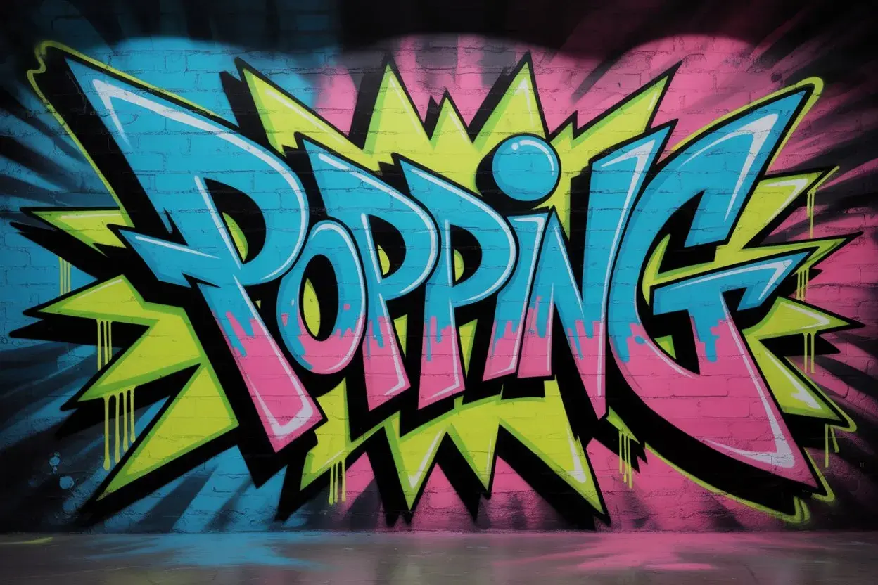 Graffiti colorato con la scritta "POPPING" in stile esplosivo, che evoca l'energia dei pop danza.