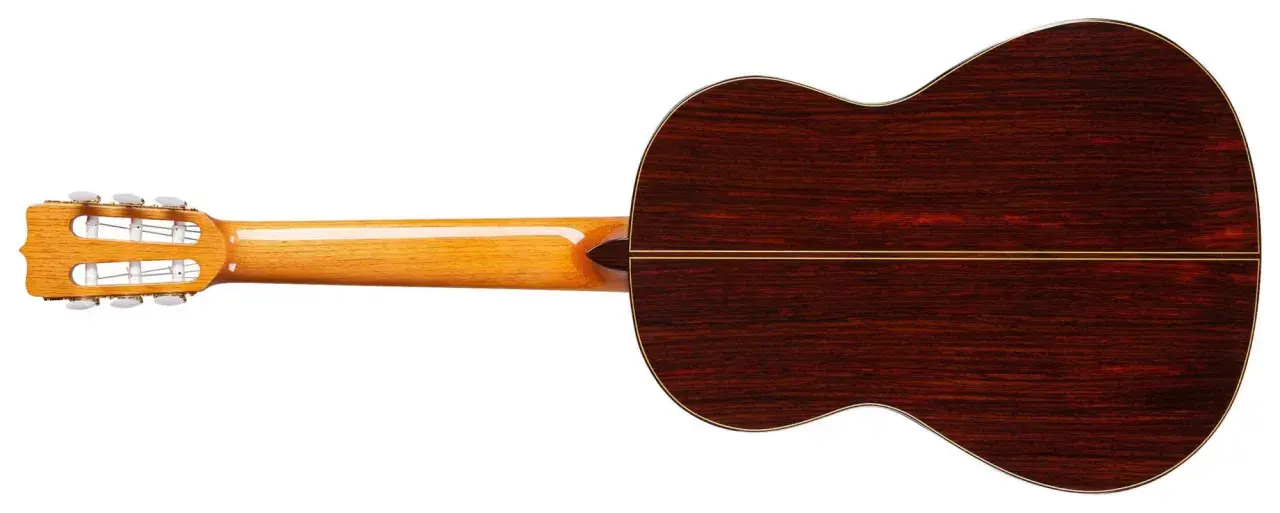 Retro chitarra classica con fondo in palissandro e manico in acero lucido, un capolavoro di liuteria, forse una Jose Ramirez.