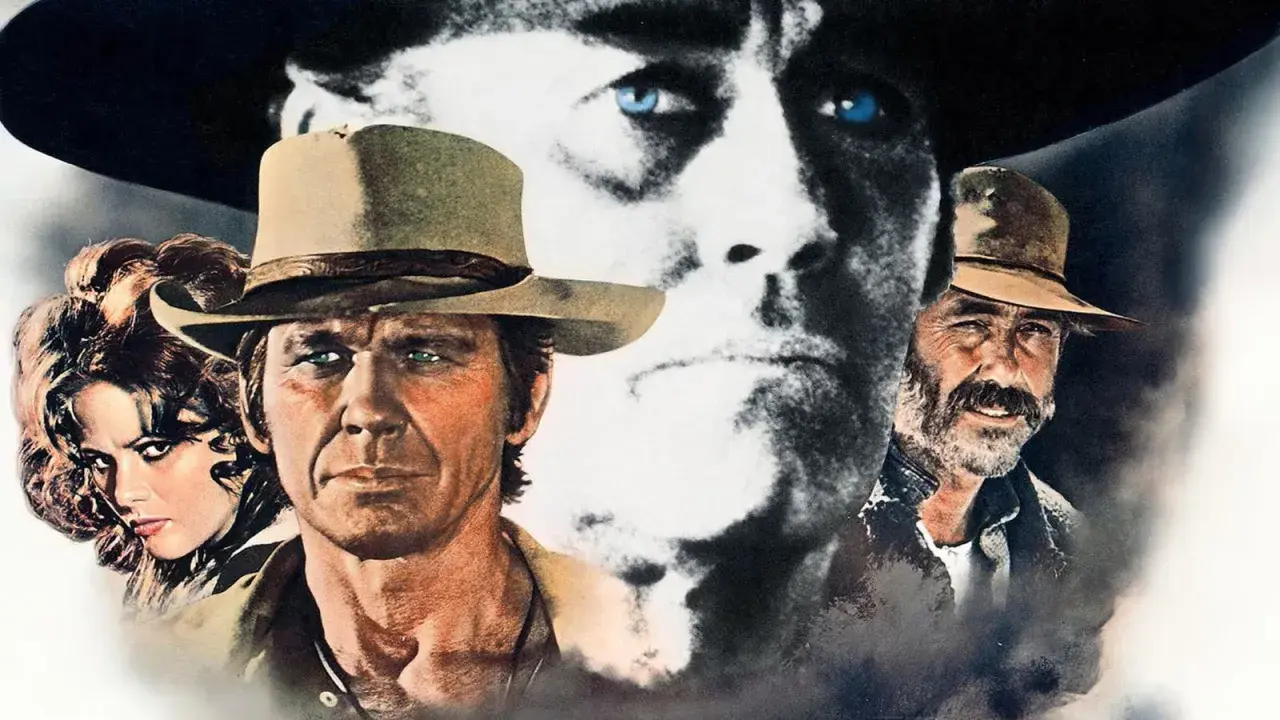 Volti di un western epico, con un uomo dallo sguardo intenso, una donna misteriosa e un anziano barbuto. Evoca le canzoni western famose.
