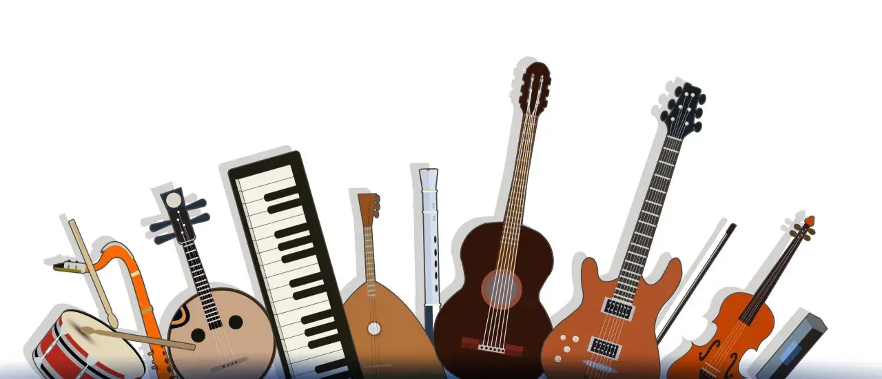 Una varietà di strumenti musicali, tra cui chitarre, tastiere e violini, perfetti per chi cerca strumenti facili da suonare.