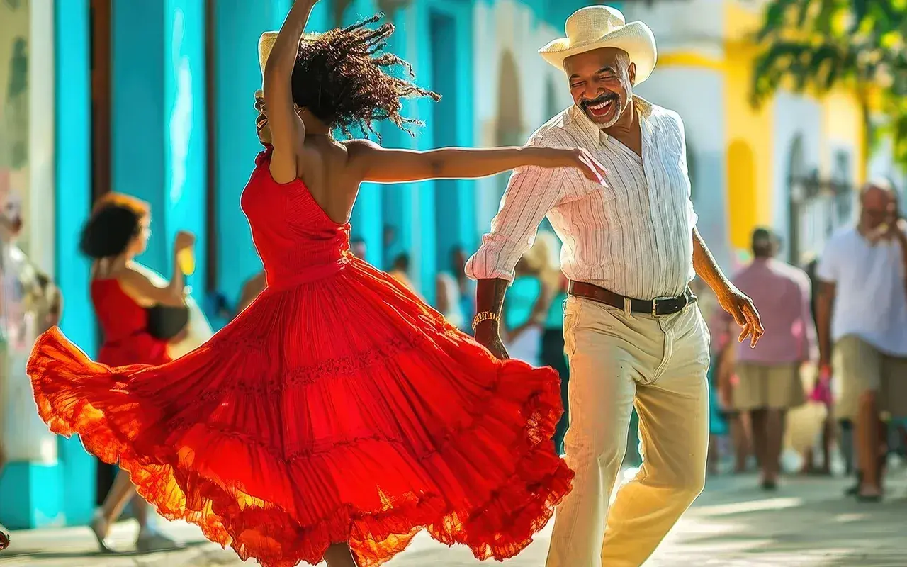 Coppia che balla con gioia, la donna in un abito rosso svolazzante, l'uomo con cappello. Ritmo e passione nei balli cubani.