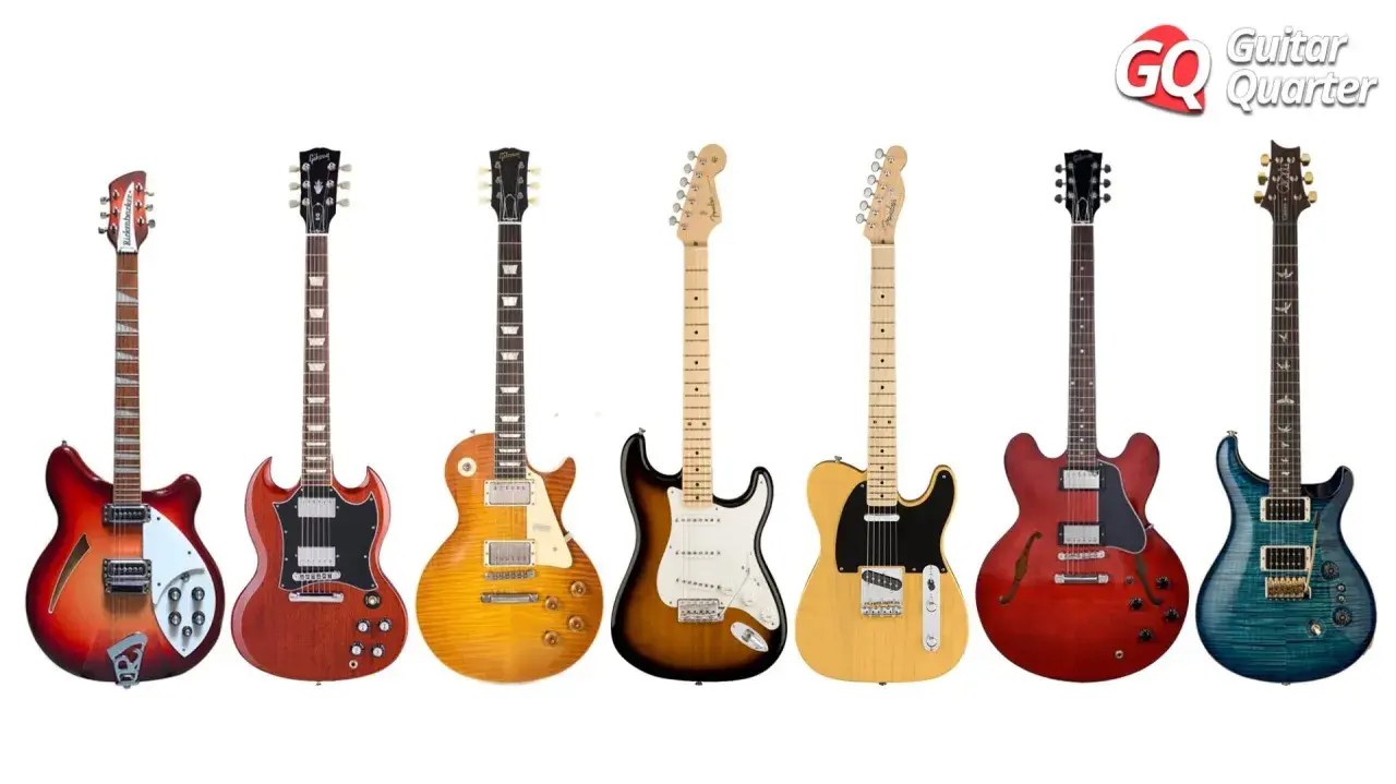 Seven iconic electric guitars in various colors and styles, lined up against a white background.