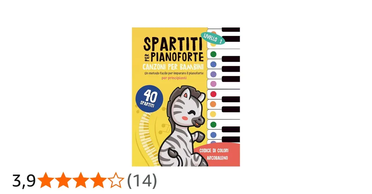 Spartiti per pianoforte con canzoni per bambini, un metodo facile con note musicali colorate e una simpatica zebra. Livello 1.