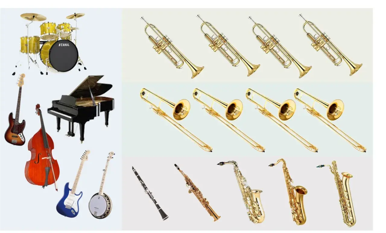 Una collezione di strumenti musicali, tra cui trombe, tromboni, sassofoni, clarinetto, pianoforte, contrabbasso, chitarra e banjo, perfetti per creare musica jazz.