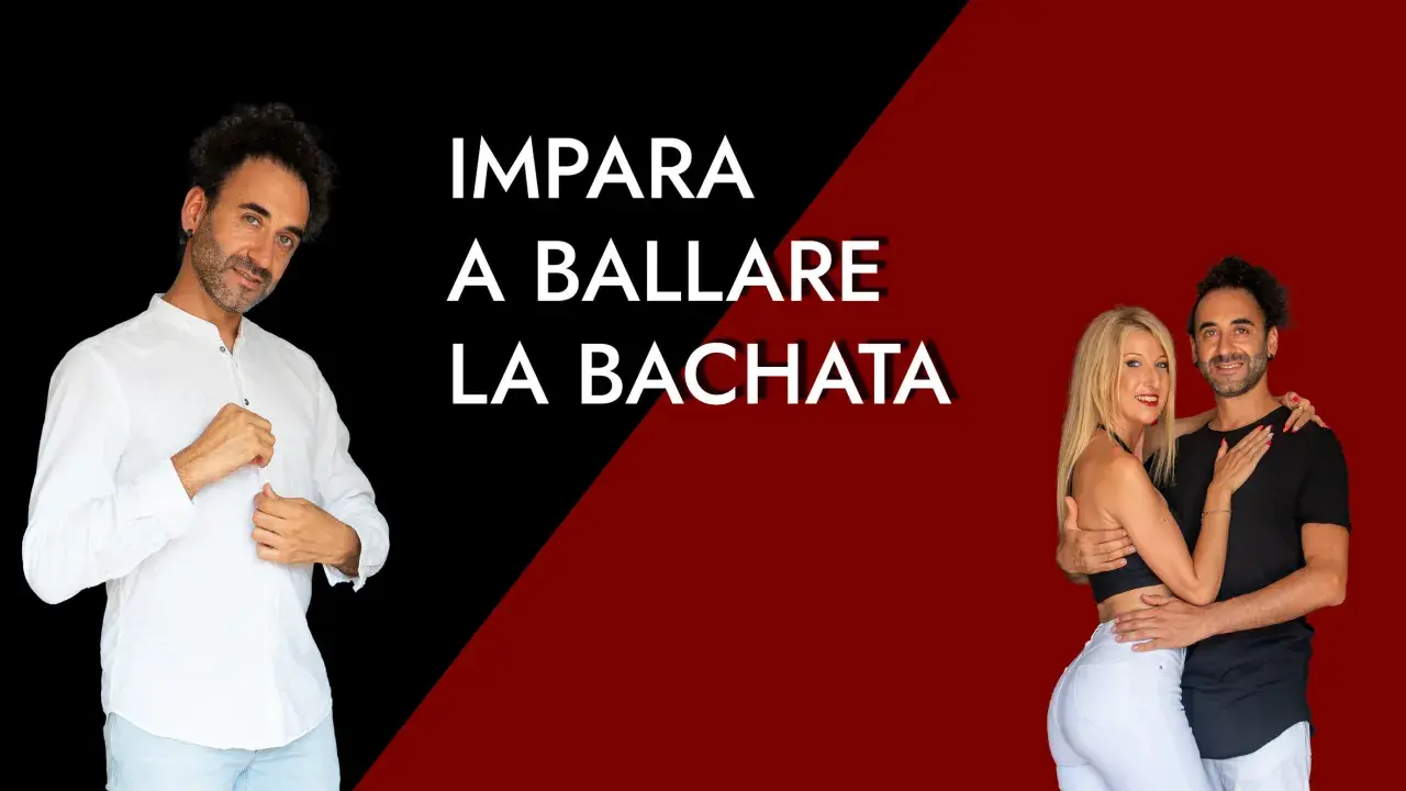 Impara a ballare la bachata con questa coppia. Un uomo in bianco a sinistra, una coppia in abbraccio a destra.
