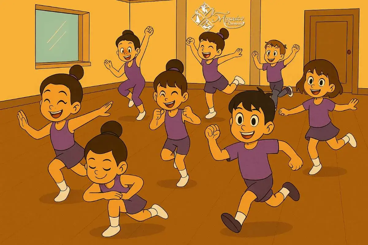 Bambini felici in un corso di danza per bambini, con braccia e gambe in movimento, sorrisi gioiosi e un'energia contagiosa.