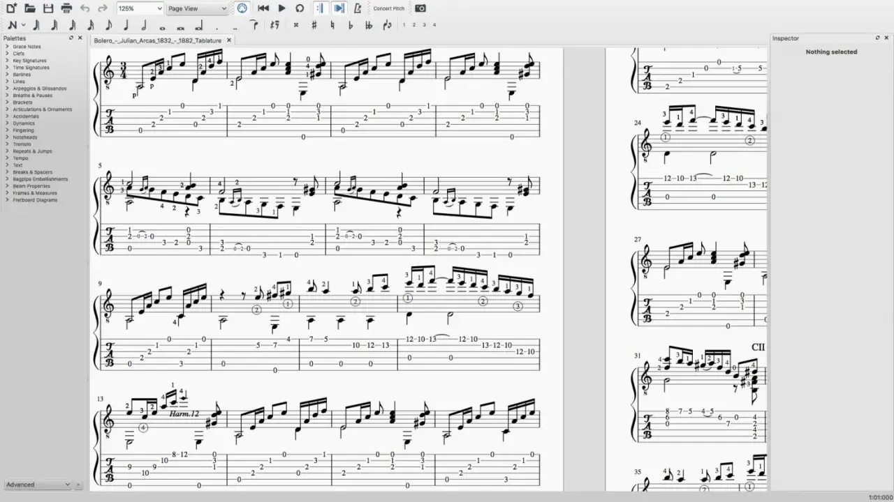 Spartito musicale per chitarra, con notazione e tablatura. Le note chitarra indicano le diteggiature per eseguire il brano.