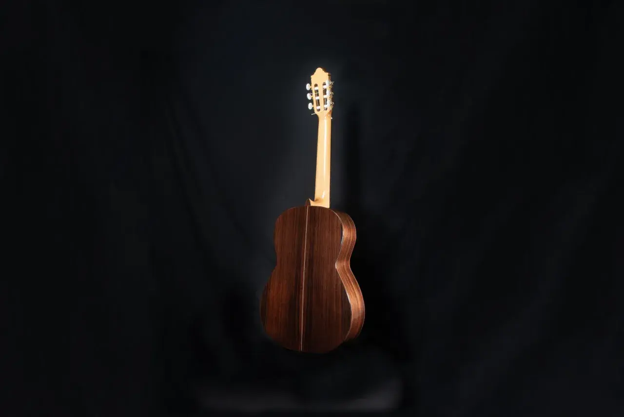 Chitarra classica in legno scuro, con manico chiaro e meccaniche dorate. Evoca le melodie di Francisco Tárrega.