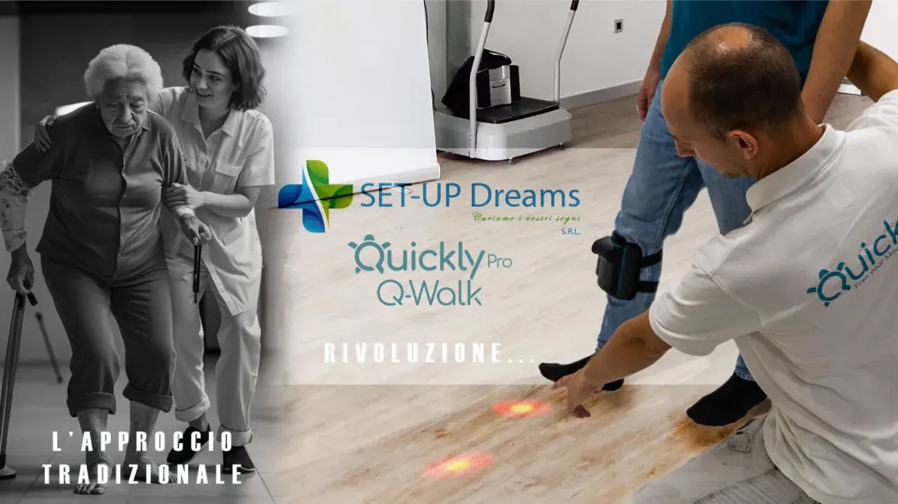 Assistenza a un anziano con bastone, mentre un terapista guida i passi base con un sistema Q-Walk.