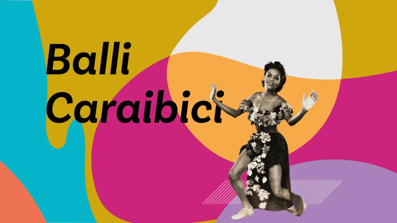 A woman in a floral top and skirt dances on a colorful background with text "Baili Caraibici".