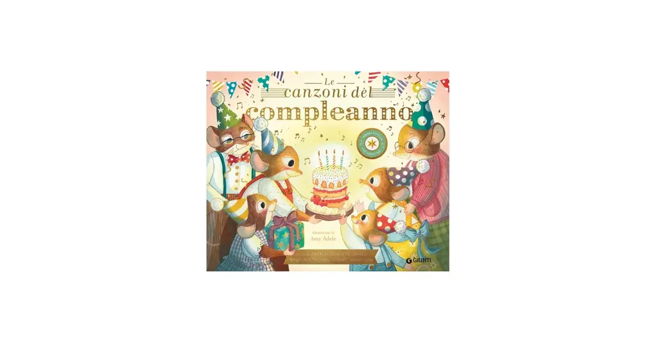 A family of mice celebrates a birthday with a cake, gifts, and party hats.