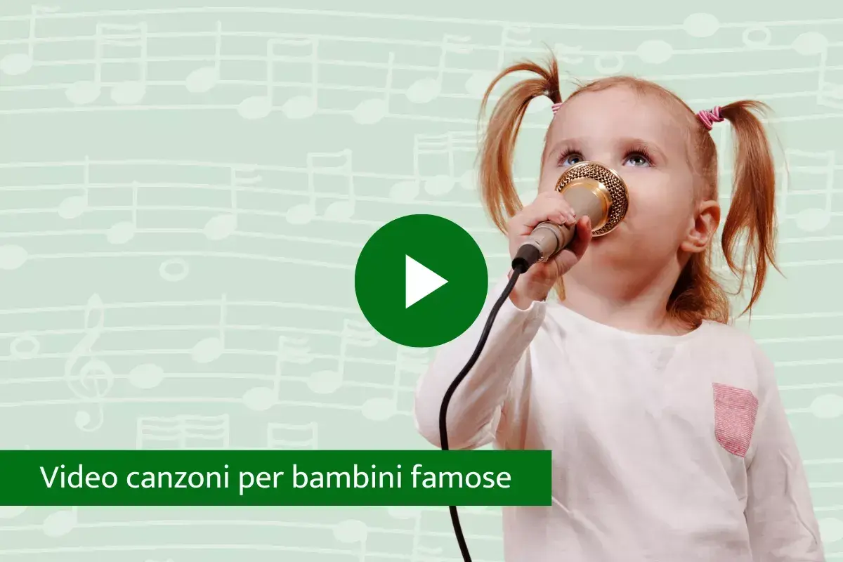 Bambina con microfono canta canzoni facili per bambini. Sfondo con note musicali.