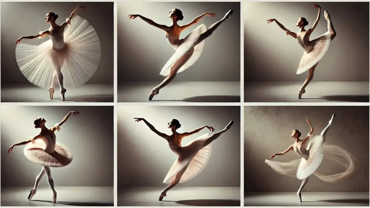 Sei ballerine in pose eleganti, che eseguono passi di danza famosi con grazia e leggerezza.