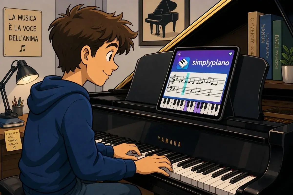 Ragazzo impara a suonare il pianoforte con un'app. Nonostante la difficoltà, la musica è la voce dell'anima.