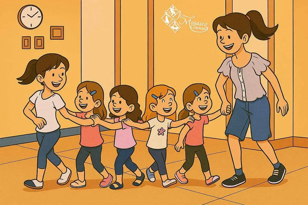 Un gruppo di bambine felici, guidate da una maestra, si esercita nella danza hip hop in una sala luminosa.