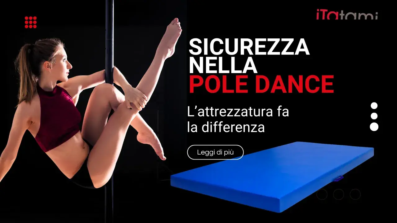 Donna esegue una figura di **danza al palo** con un tappetone blu per sicurezza.