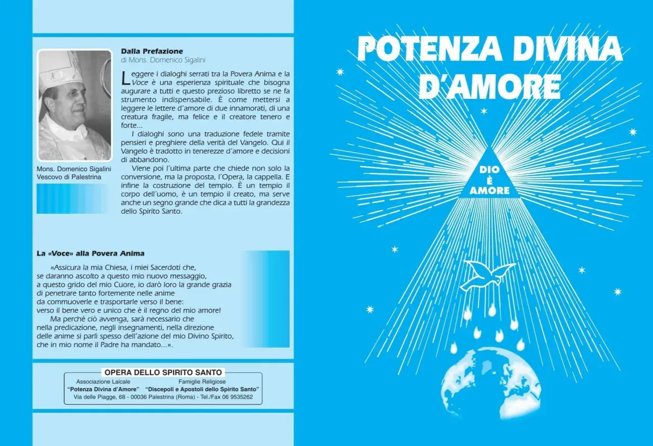 Immagine con testo "Potenza Divina d'Amore" e un disegno stilizzato. Il testo parla di dialoghi spirituali, come canzoni in 5/4, che portano alla grandezza dello Spirito Santo.