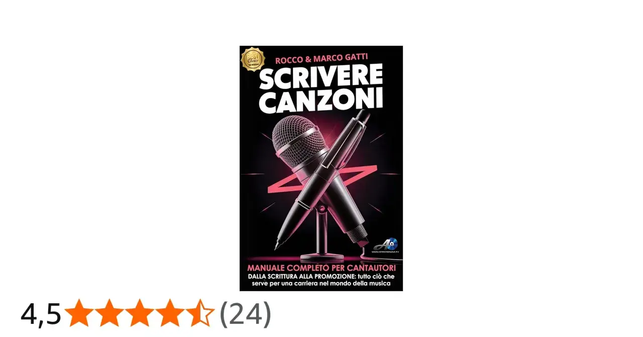 Copertina del manuale "Scrivere Canzoni" di Rocco & Marco Gatti. Un microfono e una penna incrociati su sfondo nero.