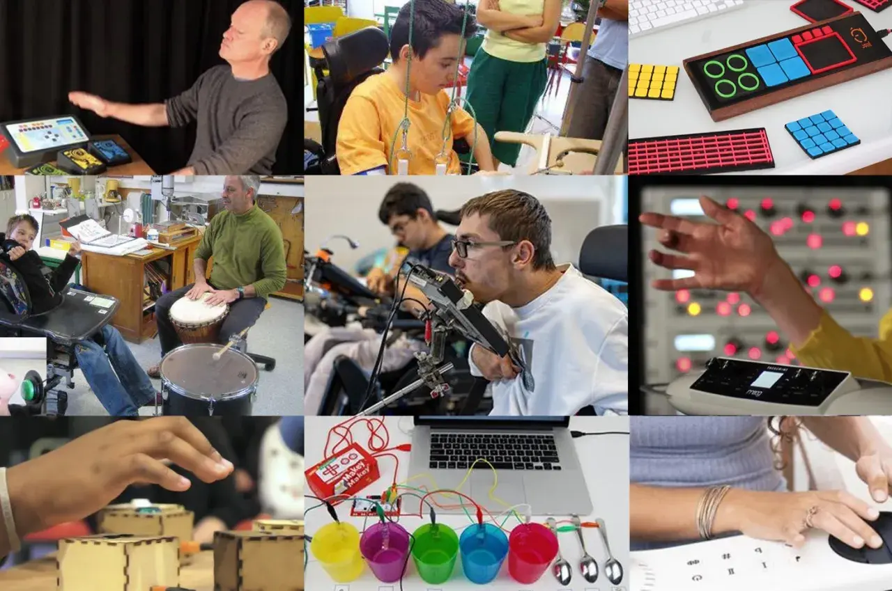 Collage di persone che utilizzano strumenti musicali adattati, dimostrando come la tecnologia possa creare strumenti musicali per disabili accessibili e inclusivi.