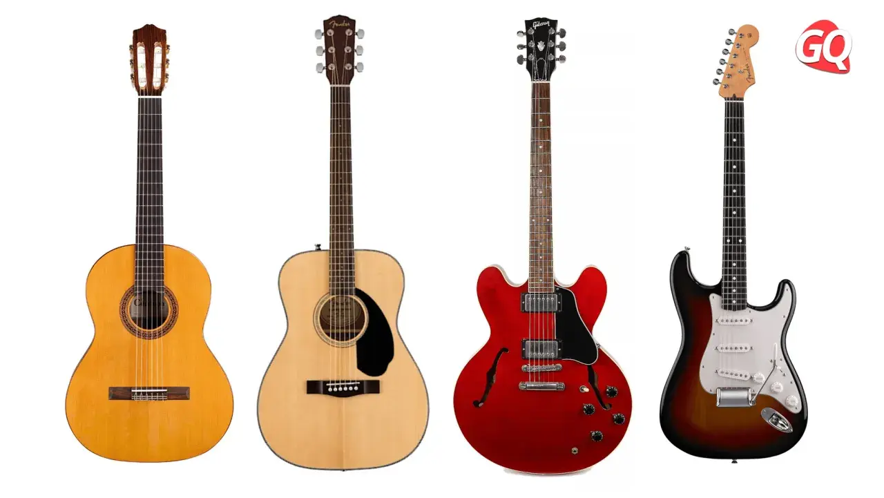 Quattro diversi tipi di chitarre: classica, acustica, semi-hollow body rossa e elettrica sunburst.