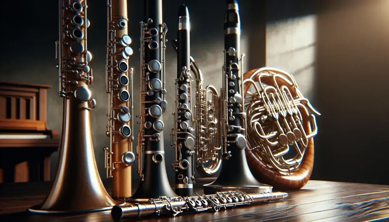 A collection of woodwind instruments, including clarinets, flutes, and a French horn, arranged on a wooden surface.