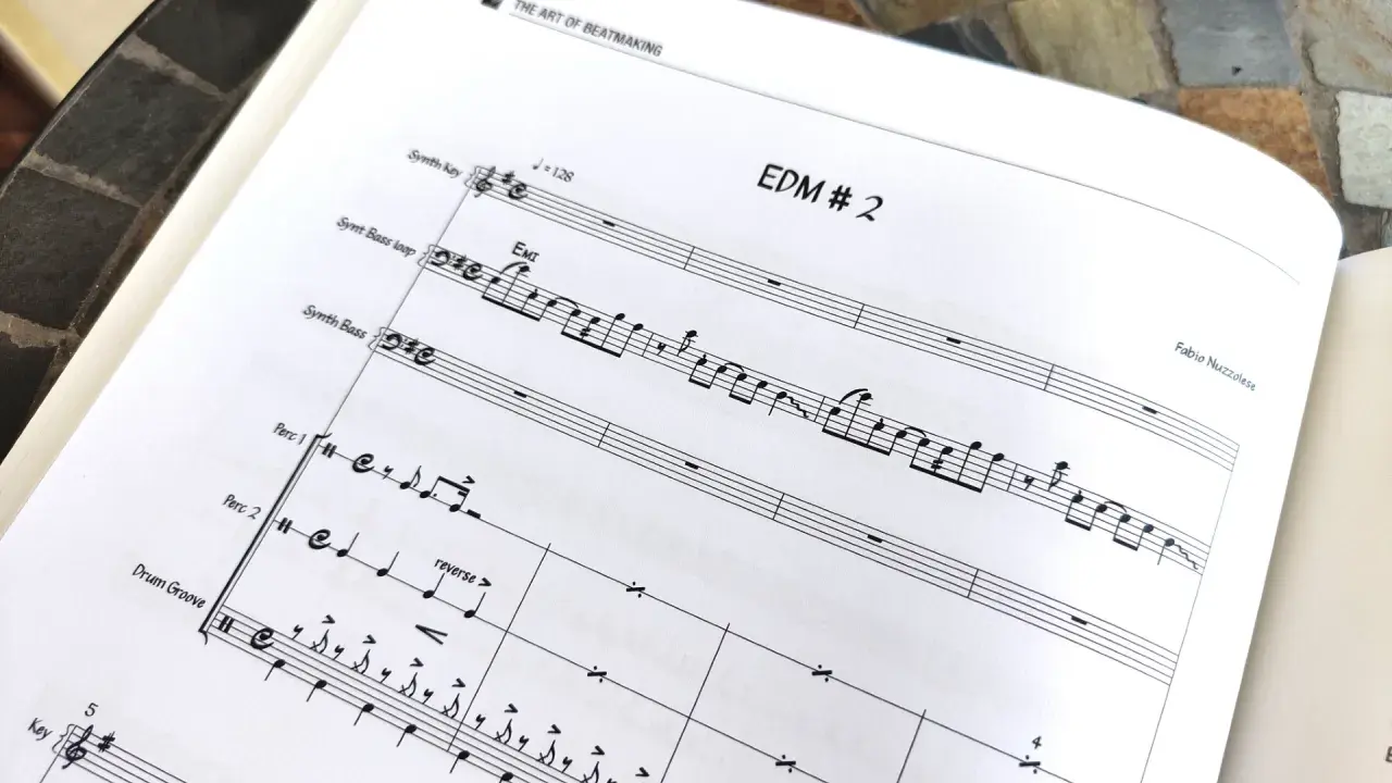 Spartito musicale con indicazioni per come comporre una melodia EDM. Si vedono linee melodiche per synth e percussioni.