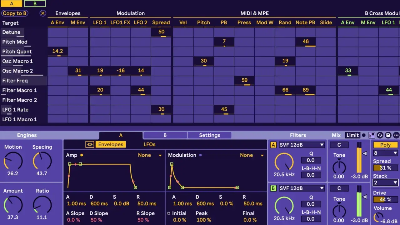Interfaccia di un sintetizzatore con parametri di modulazione e filtri. Si percepisce il "groove" nella disposizione dei controlli e nelle curve di inviluppo.