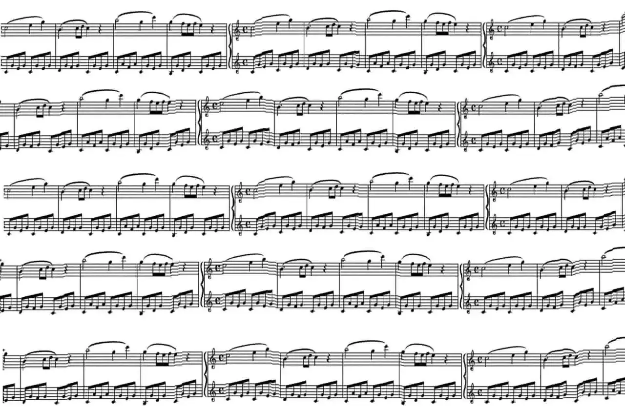 Partitura musicale per pianoforte, con pentagrammi e note. Un invito a leggere uno spartito e a suonare.