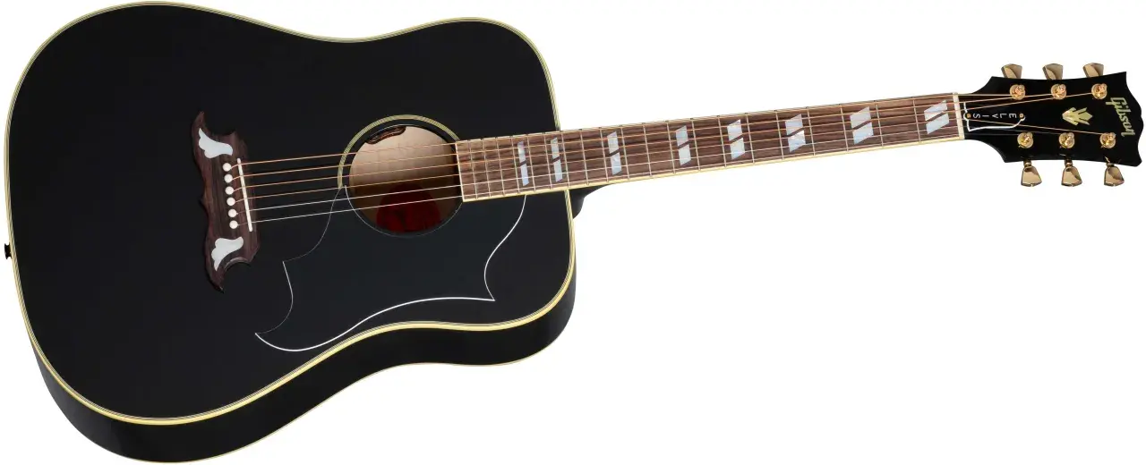 Chitarra acustica Gibson nera, con finiture dorate e intarsi a forma di diamante sul manico. Potrebbe essere la chitarra di Elvis.