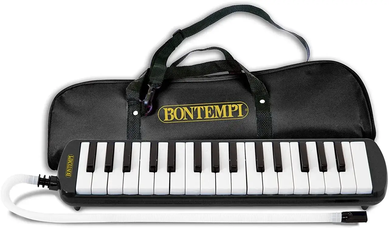 Una diamonica Bontempi con tasti bianchi e neri, pronta per creare musica, con la sua custodia nera.
