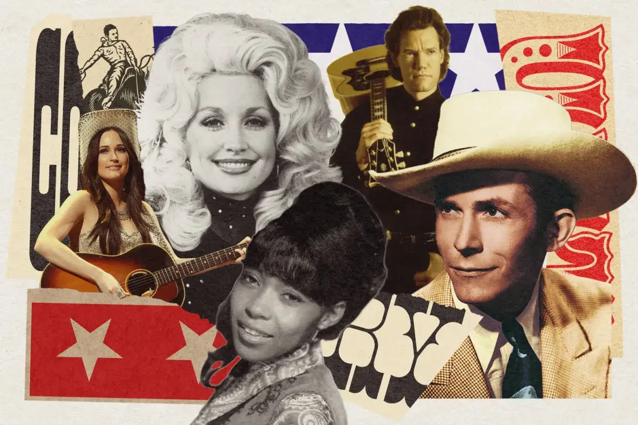 Icone delle migliori canzoni country americane: Dolly Parton, Kacey Musgraves, Hank Williams, Randy Travis e Sister Rosetta Tharpe.