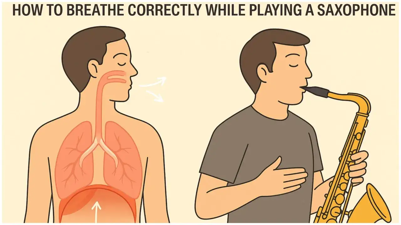 Illustrazione mostra la respirazione corretta per suonare il sax. &Egrave; difficile suonare il sax senza una buona tecnica respiratoria.