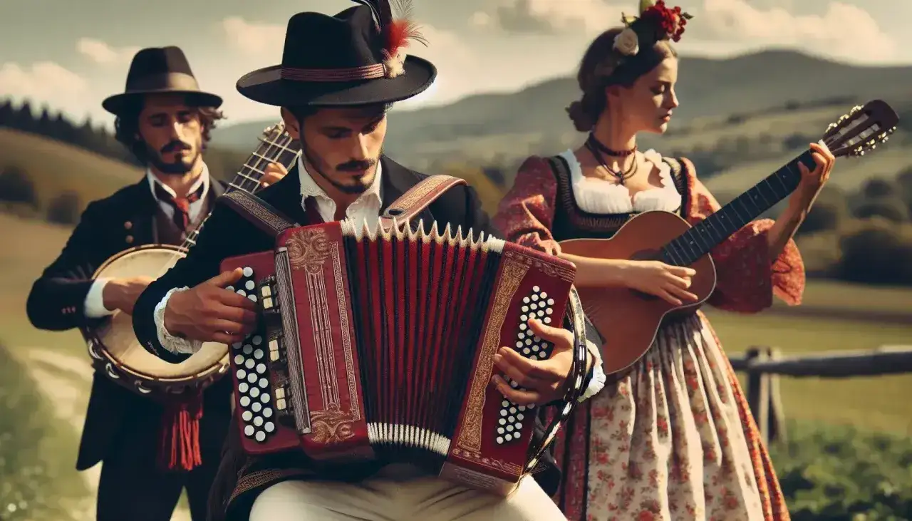 Un gruppo suona canzoni folk famose con fisarmonica, chitarra e tamburello, vestiti con abiti tradizionali.