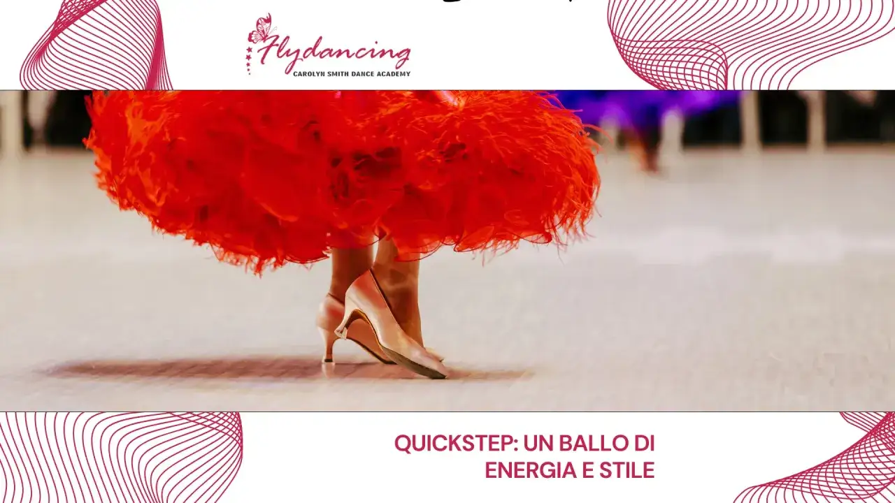 Scarpe da ballo e un abito rosso svolazzante, pronti per i quick step ballo passi base.